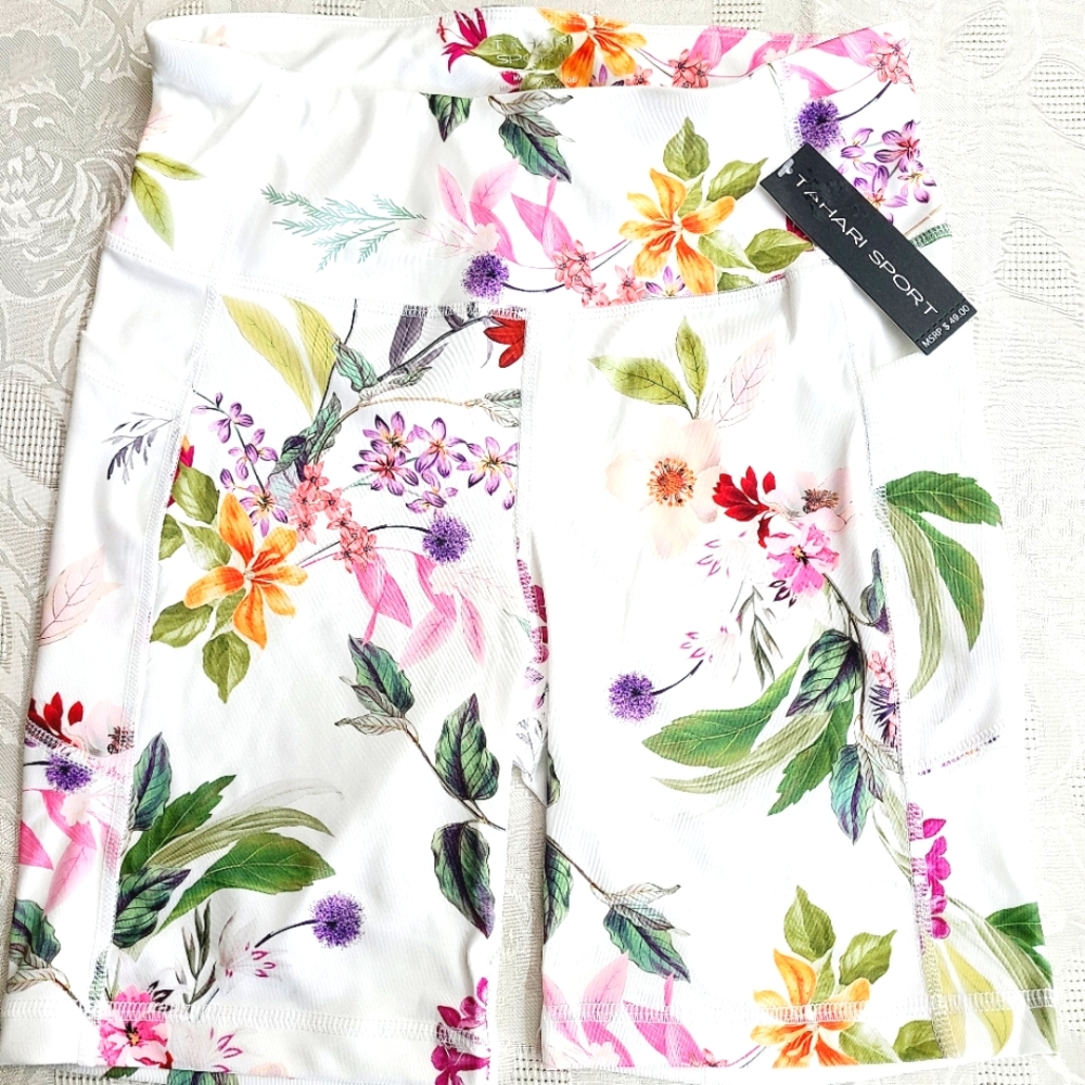 Tahari Women's Sport Athletic Walking Training Shorts Sz S White Floral Stretch